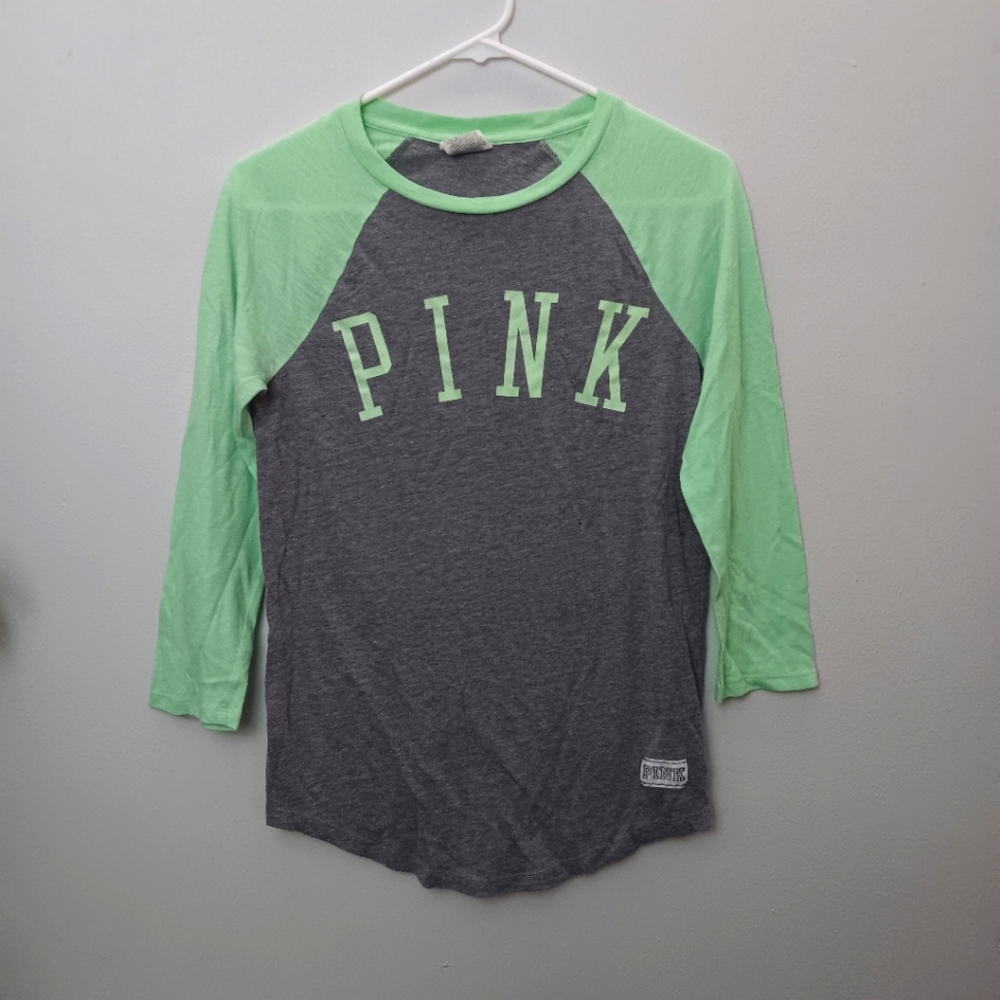 PINK Victoria's Secret Womens Baseball Tee Size XS Green Gray 3/4 Length